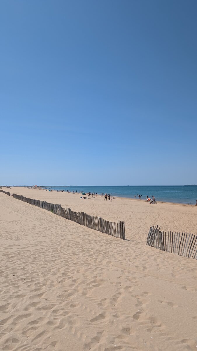 Plage de sable bordée de ganivelles sous un grand ciel bleu